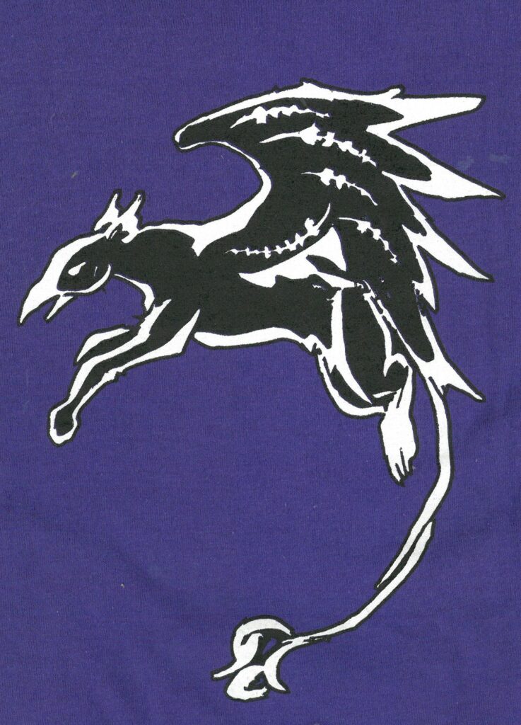 Fireweed Gryphons logo depicting a black gryphon flying to the left on a purple background