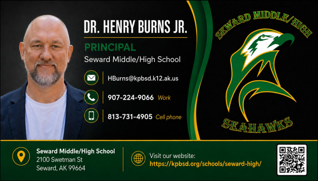 Henry Burns, Principal, contact details. Email address: hburns@kpbsd.k12.ak.us; Work phone: 907-224-9066; Cell phone: 813-731-4905