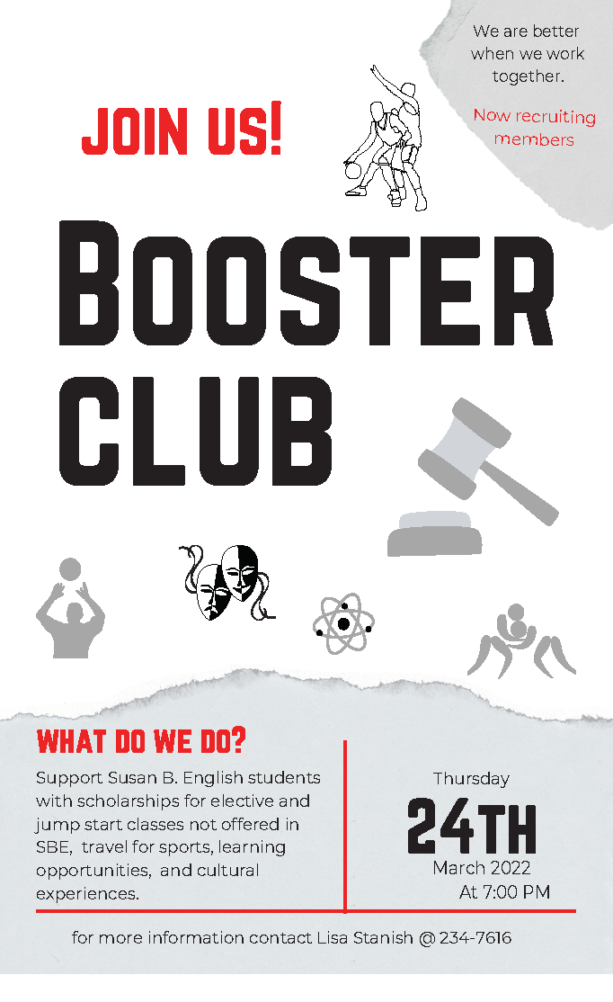Booster Club Meeting 03/24/22 7 pm Susan B. English School
